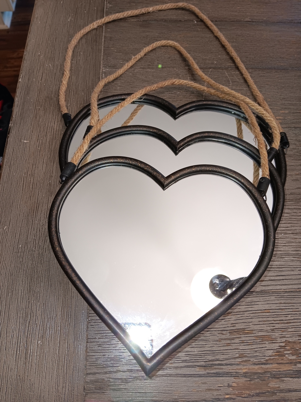 Three Heart-Shaped Hanging Mirrors with Rope - Black Frame